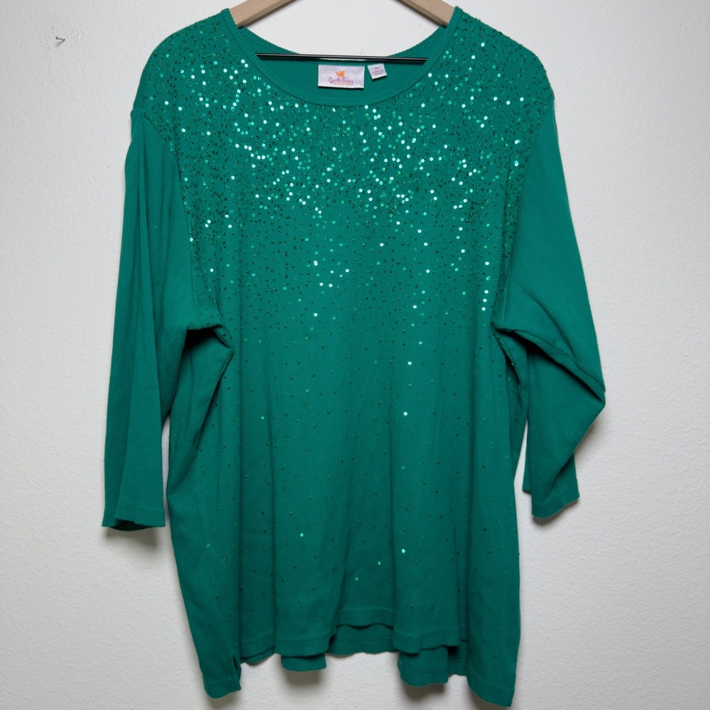Quacker Factory Women Cotton Sequin Top 2X Green Ribbed 3/4 Sleeve Holiday